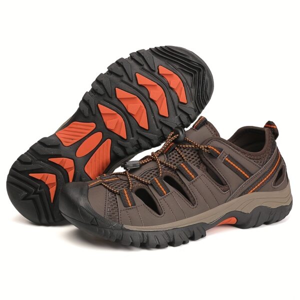 Men'S Breathable Mesh Summer Sandals - Casual Slip-On with Buckle Closure, Black & Orange Striped Design, Rubber Sole for Hiking, Beach & Outdoor Activities, Beach Sandals | Buckle Strap Sandals | Breathable Upper Sandals