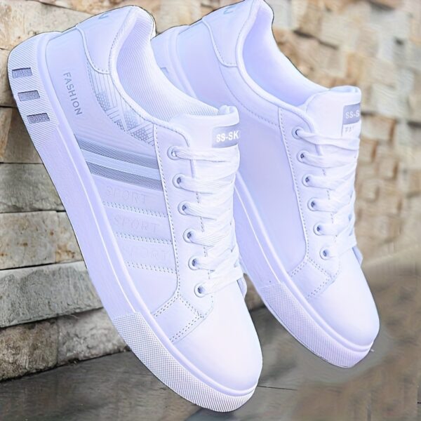KOONEXY Men's Low-Top Casual Sneakers - White with Striped Accents, Breathable Fabric Lining & Cushioned Comfort for All-Season Outdoor Sports & Casual Attire, Sleek Shoe Design, Durable Traction Footwear, Minimalist Style, Quality Construction, Daily Wear - Image 2