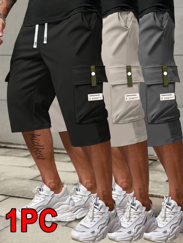 1pc Men's Fashionable and Casual Utility Capri Pants for Summer with Drawstring at the Waist, Large Pockets and Three-quarter pants - Image 5