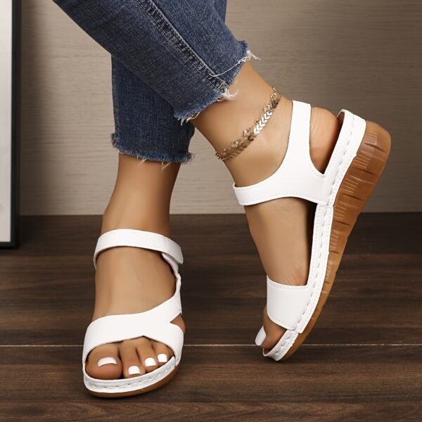 Women's White Casual Summer Sandals - Open-Toe Comfortable Beach Shoes with Adjustable Hook-and-Loop Strap, Thick Cushioned Wedge Heel & PU Cover for Casual Outings, Shopping, or Seaside Strolls, Strappy Sandals, Open Toe Design, Durable Footwear - Image 13