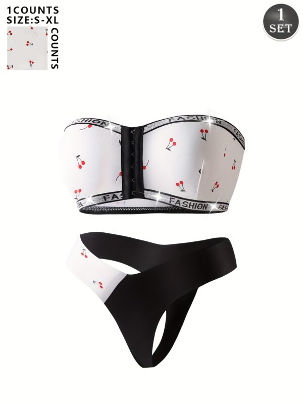 1 Set Cherry Print Sexy Front-Opening Wrap Bra and Seamless Thong Set, Fashionable Strapless Glitter Letter Silvery Elastic Band Comfort Breathable Color-Mix Panties for All Seasons and Casual Attire Underwear Set - Image 3