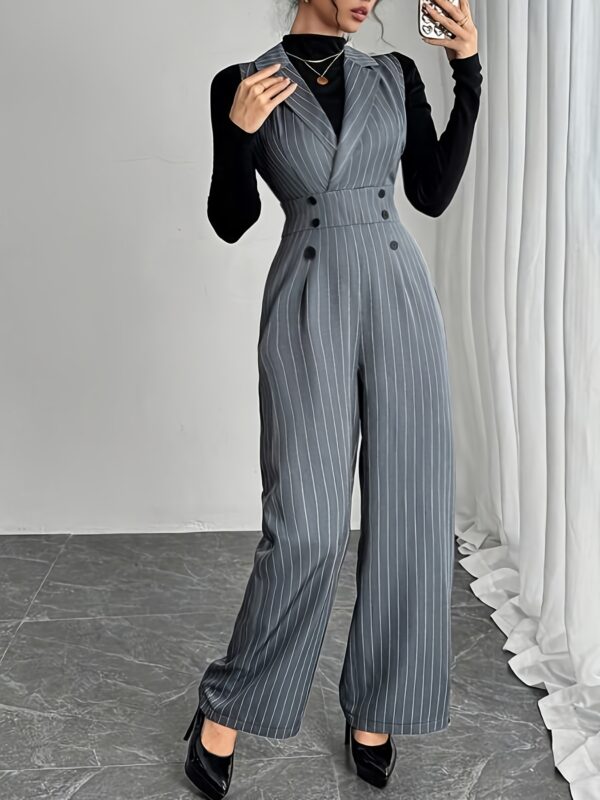 Elegant Striped Women'S Jumpsuit - Chic Criss Cross Neck, Button Detail, Long Sleeve, Straight Leg, Gray & White Pinstripe Pattern, Perfect for Summer Commute or Casual Outfits, Elegant Attire | Crisscross Neckline | Tailored Fit Jumpsui - Image 5