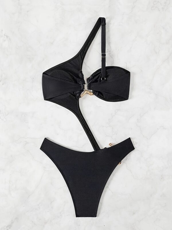 Women'S Stylish Black One-Piece Swimsuit with Golden Accents - High Stretch Knit Fabric, Perfect for Summer Beach and Pool Parties, Beach Swimsuit|Sexy Swimsuit|Stretchy Material - Image 3