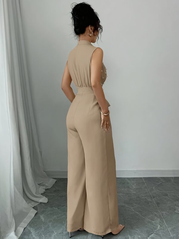 Women's Elegant Beaded Pearl Sleeveless Top & Wide-Leg Pants Jumpsuit - Stand Collar Beige All-Season Machine Washable Polyester for Concerts, Weddings, Daily Commute - Image 3