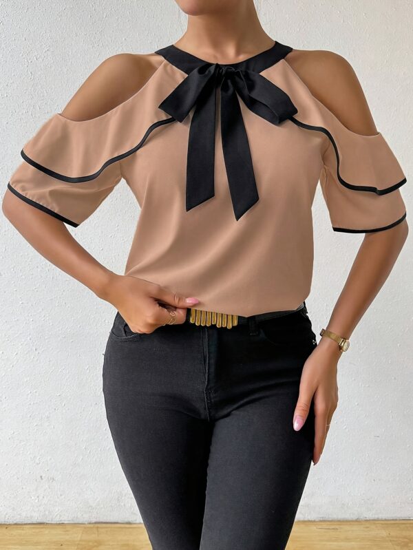 Elegant Off-Shoulder Bow Blouse for Women - Chic Solid Color Polyester Top, Perfect for Summer, Adds a Stylish Touch to Your Outfit - Image 5
