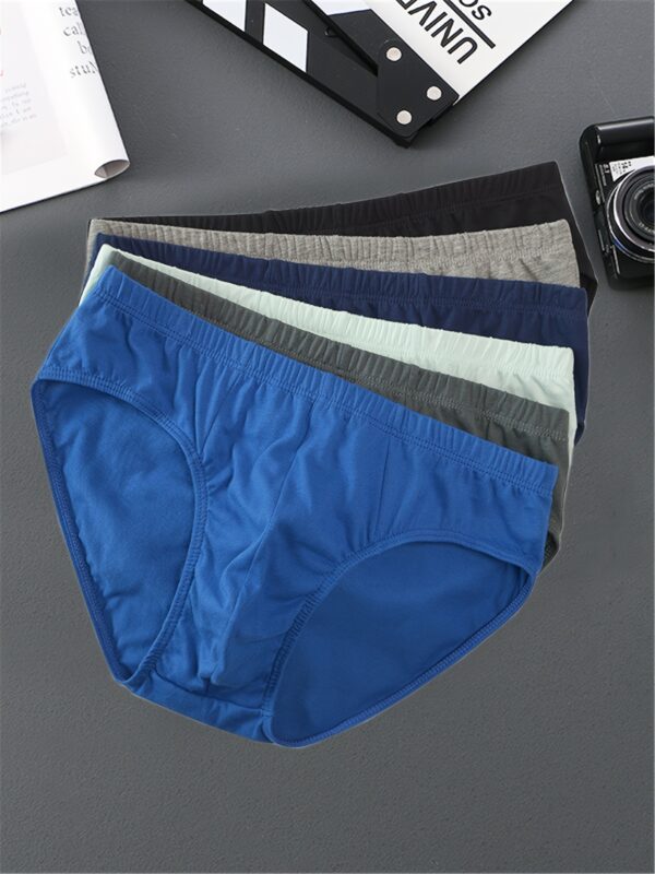 5pcs Men's Solid Color Breathable Cotton Mid-Waist Briefs, Comfortable Everyday Underwear - Random Colors - Image 2