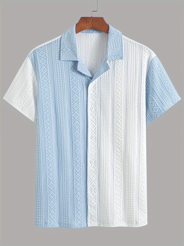 Men'S Casual Summer Short Sleeve Button-Up Shirt - Light Blue & White Striped Design, Collar, Lightweight & Breathable Fabric, Perfect for Casual Attire, Short Sleeve Blouses - Image 7