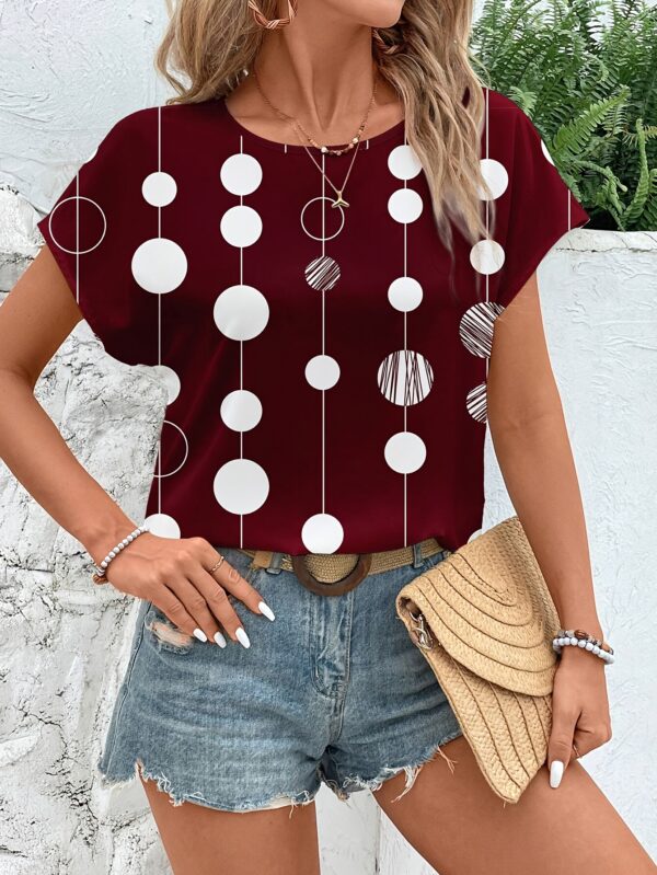Women's Casual Elegant Geometric Circle Print Round Neck Blouse - Maroon with White Circles, Lightweight Summer Shirt, Machine Washable Non-See-Through Top for Casual & Formal Outfits, Casual Attire, Relaxed Fit Shirt, Nontransparent Fabric, Comfortable Wear - Image 7