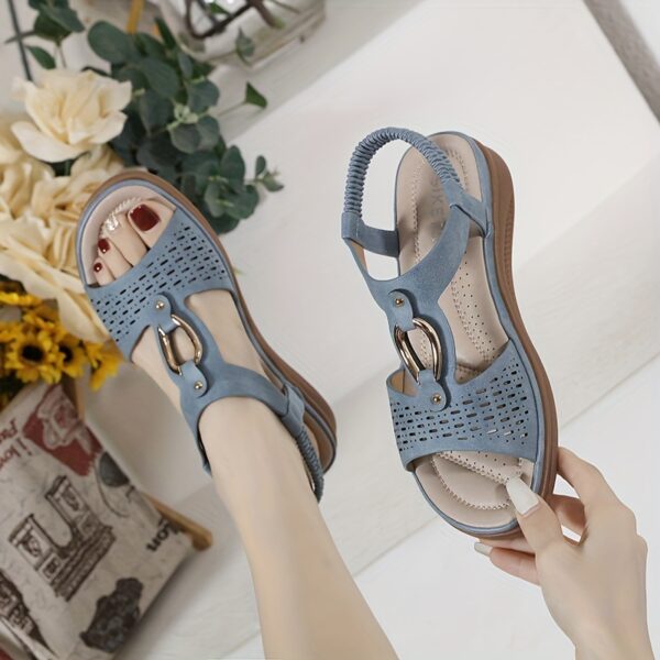 Women's Summer Wedge Heel Comfort Sandals - Metal Buckle, Perforated, Elastic Ankle Strap, Breathable, Daily Commute & Walking - Image 15