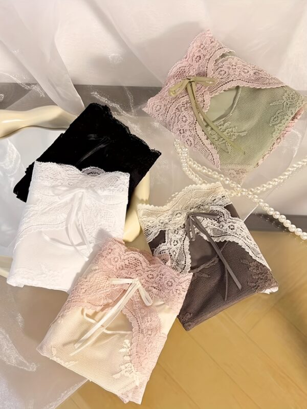 Five Pairs of Bow Lace Panties, Semi-Transparent Mid-Rise Underwear, Stylish Women'S Panties. - Image 6