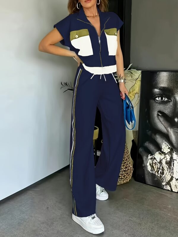 Casual Zippered Short Sleeve Round Neck Women's Two-Piece Set - Image 2