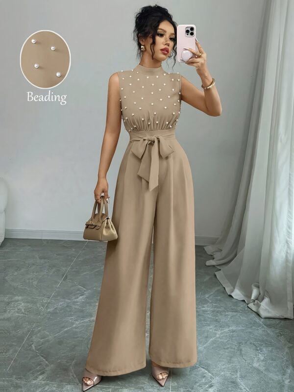 Women's Elegant Beaded Pearl Sleeveless Top & Wide-Leg Pants Jumpsuit - Stand Collar Beige All-Season Machine Washable Polyester for Concerts, Weddings, Daily Commute