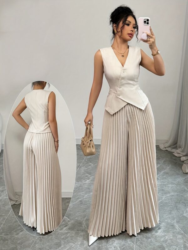 Women'S Simple And Versatile Pleated Vest Set, Fashionable Tank Top And Pleated Pants, 2pcs Set.