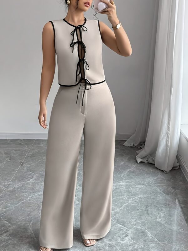 Two-Piece Women's Tie-Front Cardigan Set with Color-Block Bow Blouse and Solid Loose Pants - Image 7
