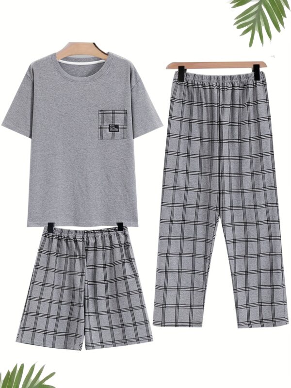 New European And American Spring, Summer, And Autumn Men'S Pajama Set with Short Sleeves, Shorts, And Long Pants, Including 1 Shirt And 2 Pants for Home Wear