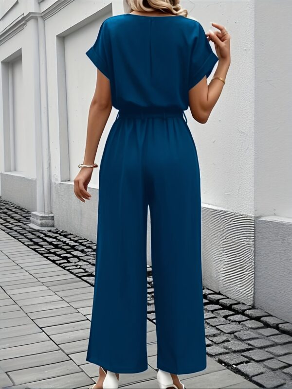 Elegant Women'S Summer Jumpsuit - Stylish Black, Stretchy Polyester, Crew Neck, Short Sleeve, Wide-Leg with Elastic Waistband, Casual Weekend Attire, Casual Attire | Stylish Jumpsuit | Comfortable Fit - Image 7