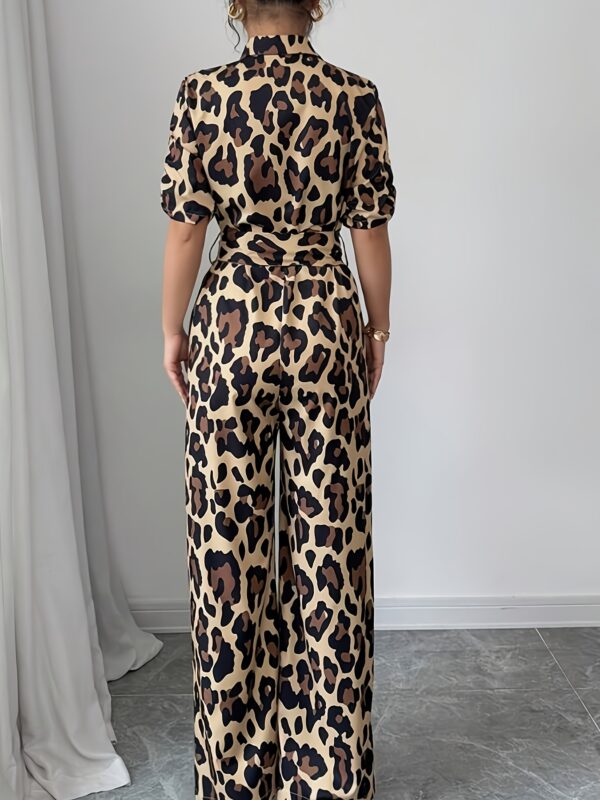 Women's 2025 Summer Leopard Print Jumpsuit - Elegant Short Sleeve Wide-Leg Pants Romper with Button Front, Loose Fit & Princess Sleeves for Casual to Formal Occasions, Adult Clothing | Chic Ensemble | Button Front Design - Image 2