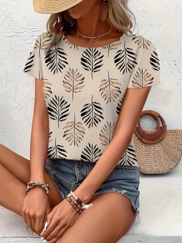 Women'S Elegant Leaf Print Short Sleeve Blouse - Casual Crew Neck, Lightweight Polyester, Perfect for Spring/Summer Outings, Everyday Fashion Top | Trendy Shirting Style | Feminine Aesthetic