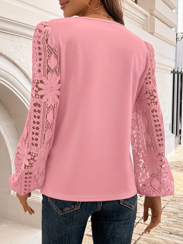 Women'S Chic Pink Lace-Trimmed Long Sleeve Blouse with Ruffled Hem - Casual Crew Neck Top for Casual Attire, Casual Attire Blouse | Ruffled Hem Shirt | Lace Trim Detail, Ladies Blouses - Image 10