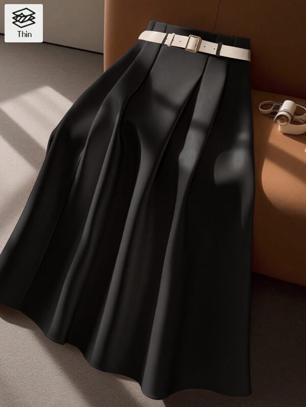 Women's Elegant Belted A-Line Midi Skirt - Adjustable Waist with Decorative Buckle, Flared Hem, Solid Color, Machine Washable for Spring Summer Fall, Casual Chic Wear, Smooth Fabric Finish - Image 7