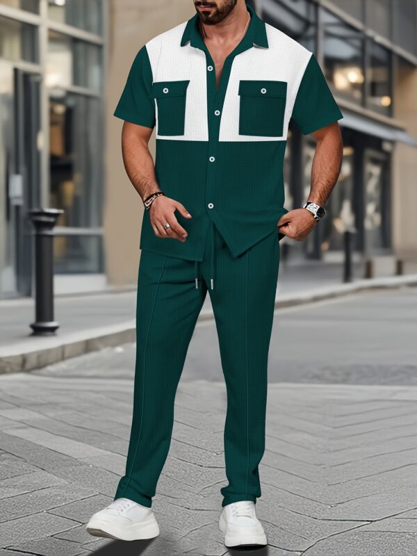 Men's Summer Two-Piece Set, Waffle Fabric Contrast Color with Pockets Short-Sleeved Shirt + Casual Trousers Suit, Leisure Light Business Vacation Daily Multiple Scenes - Image 4