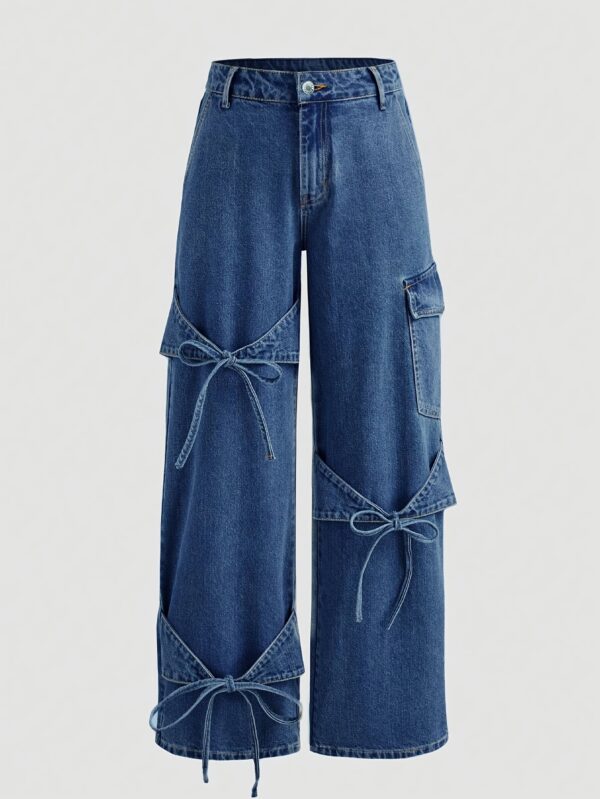 Women'S Casual Straight-Leg Denim Jeans with Adjustable Bow Tie Waist, Loose Fit Wide-Leg Pants, Non-Stretch Fabric, Spring/Fall Season, Casual Wear Jeans | Relaxed Fit Jeans | Nonstretch Fabric