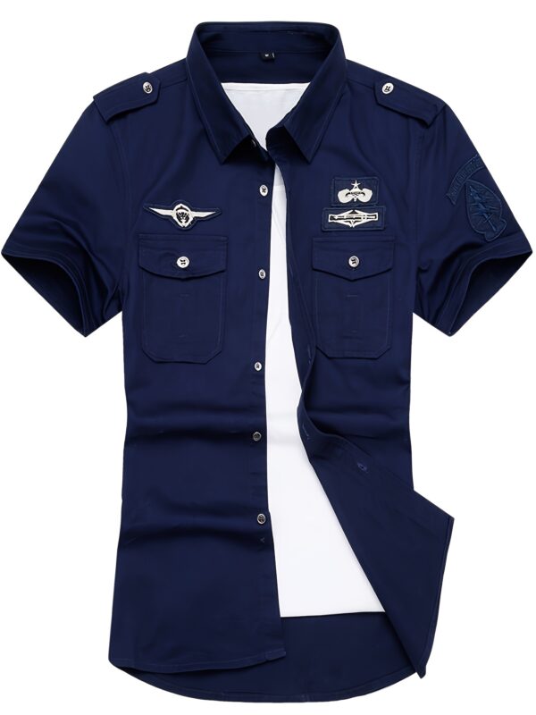 [Retro Look] Men's Lightweight Cotton Cargo Shirt - Short Sleeve, Button-Up, Casual Outdoor Shirt with Patches, Navy Blue, Retro Style, Summer Wear, Outdoor Casual Wear | Militaryinspired Design | Pure Cotton Fabric - Image 9