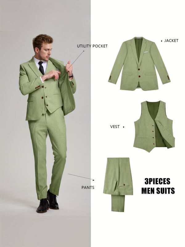 Men's Suits 3pcs Retro Linen Men Suit Beach Wedding Suit Summer Slim Fit Light Weight Linen Suit Jacket Vest Pant Tuxedo Business Prom - Image 10