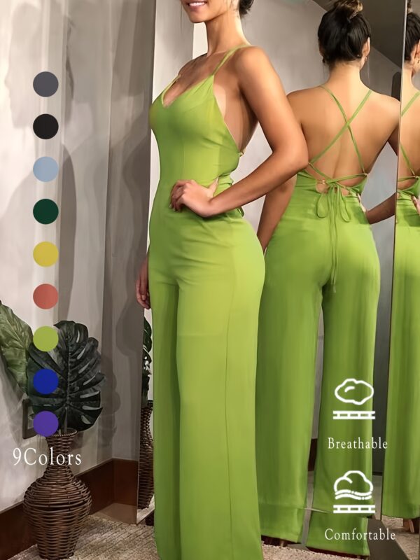 Cross Tie Back V-neck Jumpsuit, Sexy Solid Backless Jumpsuit For Spring & Summer, Women's Clothing - Image 4
