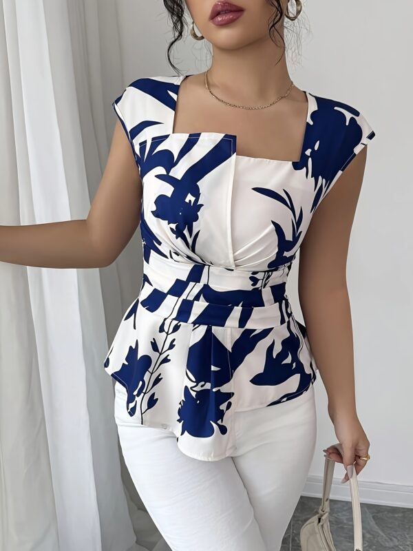 Elegant Women'S Floral Print Blouse with Ruched Detail - Sleeveless, V-Neck, White & Navy Blue Design, Perfect for Spring/Summer, Stylish and Versatile Top, Ladies Blouses - Image 6