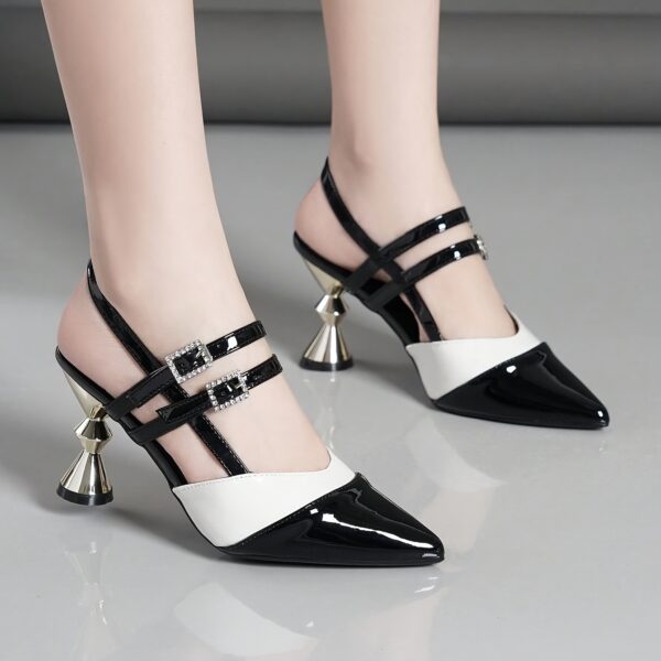 Women'S Black & White Block Heel Pumps - Pointed Toe, Synthetic Cover, Rubber Sole, High Heel Dress Shoes for Summer, Elegant Office & Formal Wear, High Heel Shoe - Image 3