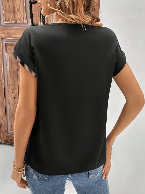 Women'S Elegant V-Neck Leopard Print Top with Faux Button Detail, 100% Polyester Short Sleeve Blouse, All-Season Woven Fabric, 100g/m² - Fashionable Casual Wear - Image 2
