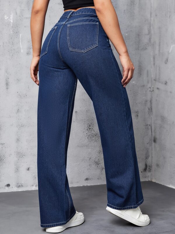 Women's High-Waist Wide-Leg Jeans - Stretch Denim in Dark Blue with Slant Pockets, Casual & Versatile, Machine Washable, Versatile Clothing|Highwaist Jeans|Durable Denim - Image 3