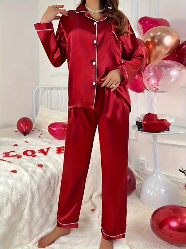 Simple Solid Satin Lounge Set, Long Sleeve Buttons Lapel Top & Elastic Pants, Women's Loungewear - Image 26