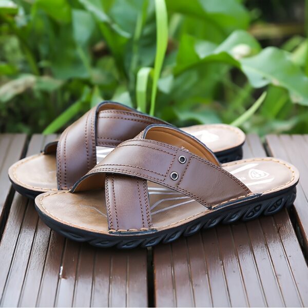 Plus Size Men's Open Toe Breathable Cross Straps Slippers, Comfy Non Slip Rubber Sole Top Grain Leather Upper Beach Water Shoes, Summer - Image 6