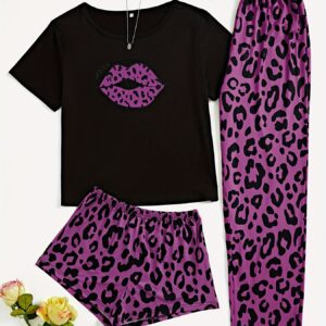3pcs Lips & Leopard Print Pajama Set, Breathable Short Sleeve Slight Stretch Top + Loose Shorts + Long Pants, Women's Loungewear & Sleepwear