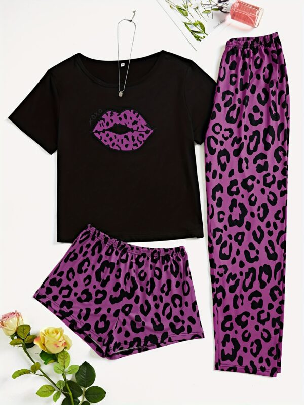 3pcs Lips & Leopard Print Pajama Set, Breathable Short Sleeve Slight Stretch Top + Loose Shorts + Long Pants, Women's Loungewear & Sleepwear