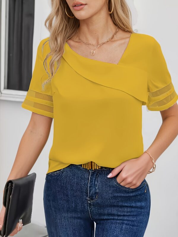 2025 Summer Casual Minimalist Mesh Spliced Short Sleeve Shirt for Women, Cross-Border Fashion - Image 10