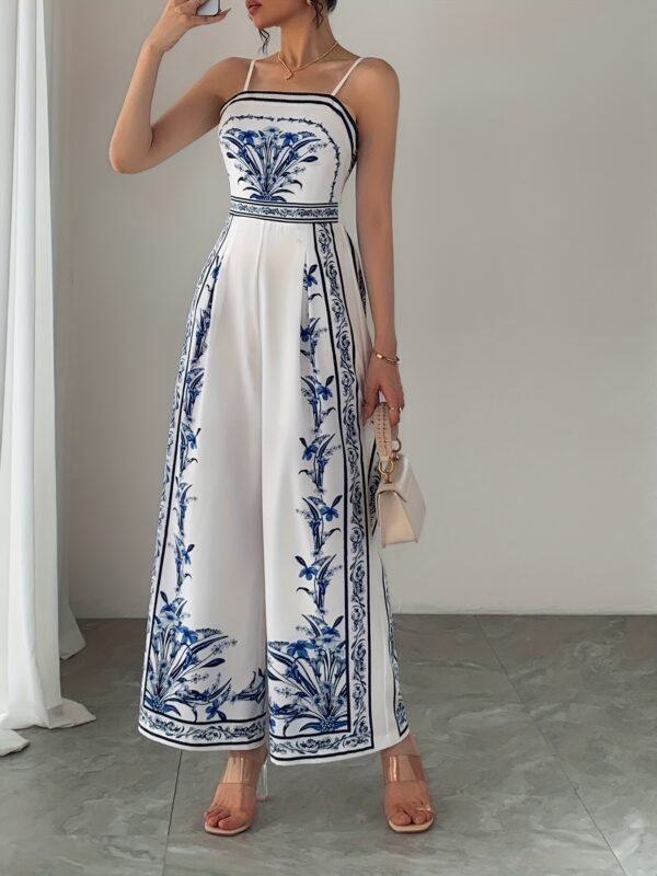 Women'S Elegant Sleeveless Floral Print Jumpsuit - Lightweight Polyester, V-Neck with Spaghetti Straps, Perfect for Spring/Summer Vacation, White with Blue Floral Design, Vacation Wear | Floral Print Jumpsuit | Lightweight Jumpsuit