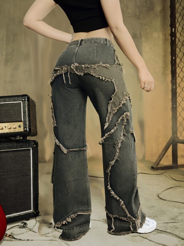 Women'S Distressed Denim Wide-Leg Pants - Non-Stretch Geometric Pattern Applique, Elegant Casual Style, All-Season Comfort Fit with White Sneakers, Allseason Jeans | Relaxed Fit Jeans | Nonstretch Fabric - Image 16