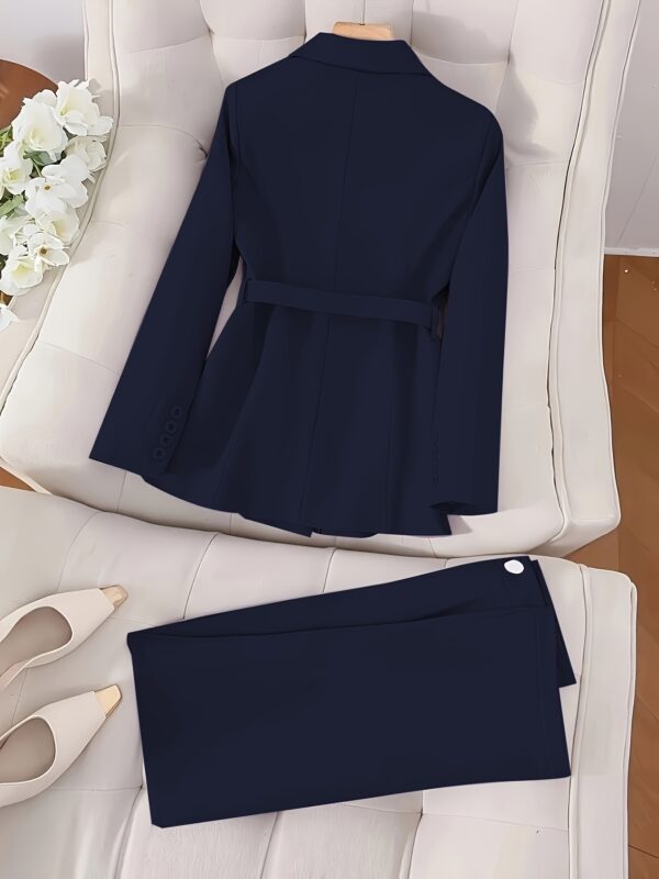 Elegant Solid Color Urban Commuting Suit for Women with Belt and Pants, Perfect for Spring/Summer, Includes Shoes and Clutch, Office Ready Attire|Sophisticated Style|Pocketed Pants - Image 9