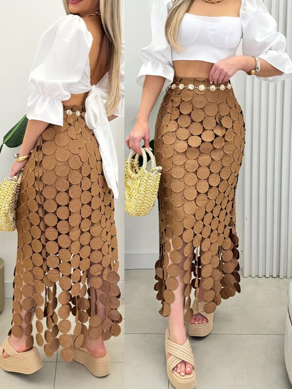 Women's Elegant White Tassel Skirt - Polyester, Mermaid Silhouette, High-Waisted, Bodycon Midi for Spring/Summer, Summer Skirt | Tassel Detailing | No Stretch Fabric - Image 2