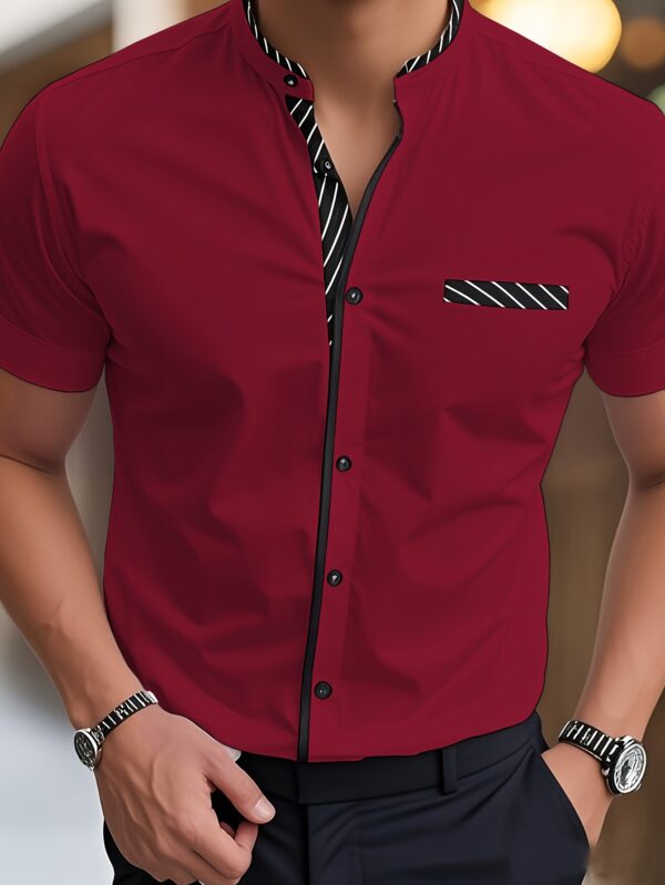 Men's Light Blue Casual Short Sleeve Shirt with Black Contrast Collar & Cuffs - Stand-Up Collar, Machine-Washable Fabric, Regular Fit for Summer, Office, Commute & Streetwear, Classic Buttonup Design, Nontransparent Material - Image 9