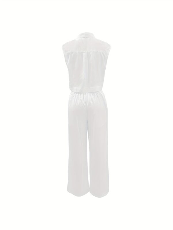 Elegant Women'S Sleeveless White Pantsuit with Contrast Details - Polyester, Spring/Summer Fashion, Half Placket Top, Wide Leg Pants, Stylish Office Attire, Office Attire | Modern Casualwear | Polyester Fabric - Image 4