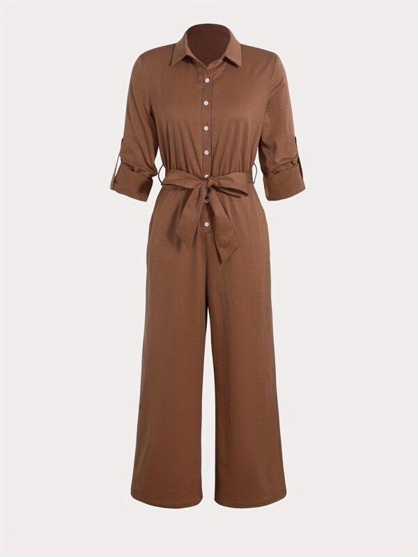 Elegant Solid Color Long Sleeve Lapel Collar Jumpsuit with Tie Waist, Wide Leg Pants for Women - Stylish Commuting Attire, Chic Design for Spring/Summer/Fall - Image 2