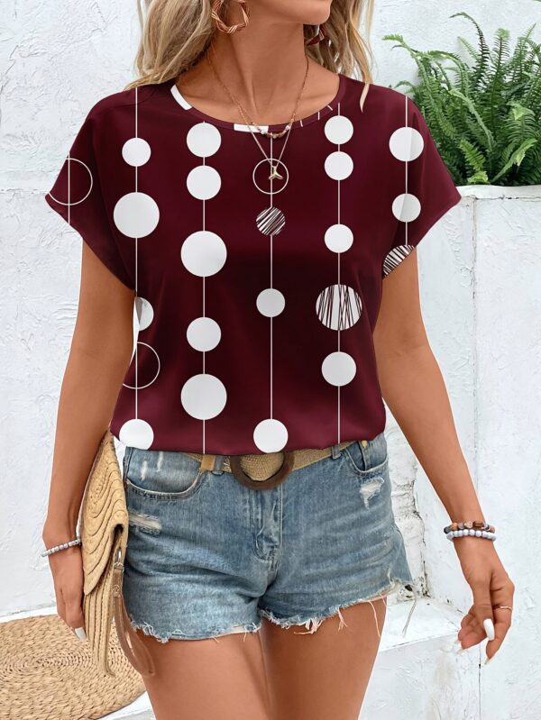 Women's Casual Elegant Geometric Circle Print Round Neck Blouse - Maroon with White Circles, Lightweight Summer Shirt, Machine Washable Non-See-Through Top for Casual & Formal Outfits, Casual Attire, Relaxed Fit Shirt, Nontransparent Fabric, Comfortable Wear - Image 5