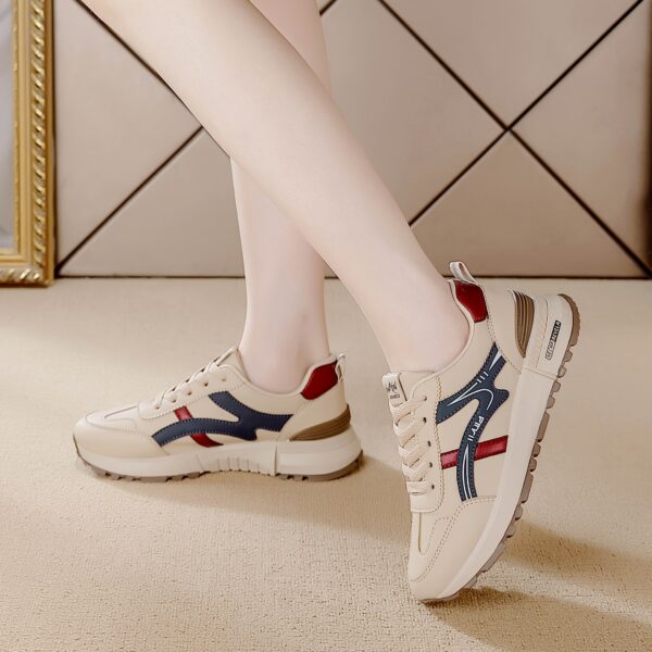 Women's Lightweight Running Sneakers - Casual Low-Top Lace-Up Shoes with Soft Non-Slip Rubber Sole, Beige with Blue & Red Stripes, Lightweight & Comfortable for All-Day Wear - Image 6