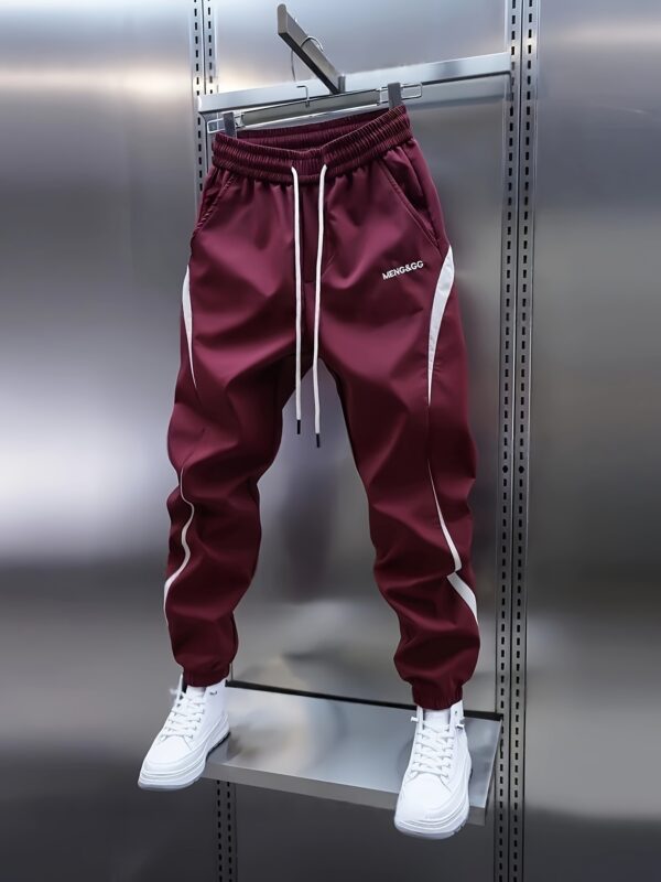 Men'S Slim-Fit Athletic Joggers with White Striped Side Panels, Elastic Waistband & Drawstring, Embroidered Lettering - Maroon & White Casual Streetwear Pants for Gym, Casual Attire, and Everyday Comfort, Jogging Pants, Gym Apparel, Sporty Style, Durable Fabric - Image 3