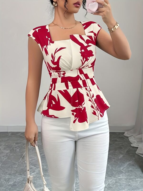 Elegant Women'S Floral Print Blouse with Ruched Detail - Sleeveless, V-Neck, White & Navy Blue Design, Perfect for Spring/Summer, Stylish and Versatile Top, Ladies Blouses - Image 2