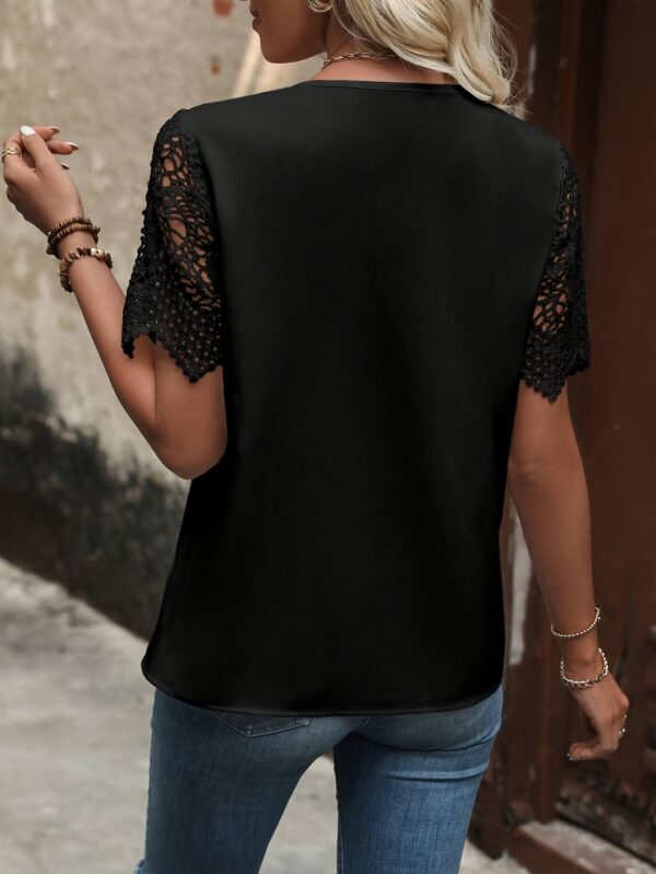 Chic Red Lace-Trimmed Asymmetrical Neck Blouse for Women - Short Sleeve, Solid Color, Perfect for Spring/Summer Fashion - Image 9